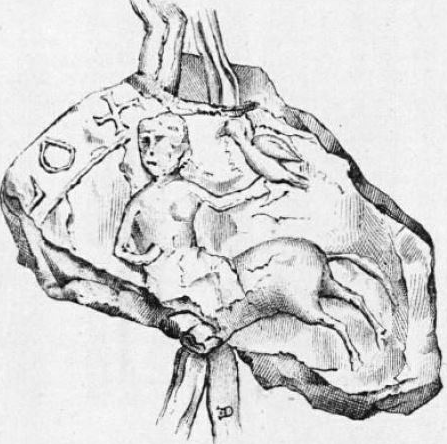 Sceau d'Anseau II de Traisnel - 1183 - archives de l'abbaye de Vauluisant - Il y est représenté nu jusqu'à la ceinture, assis de côté sur un cheval courant et tenant un faucon à la main gauche